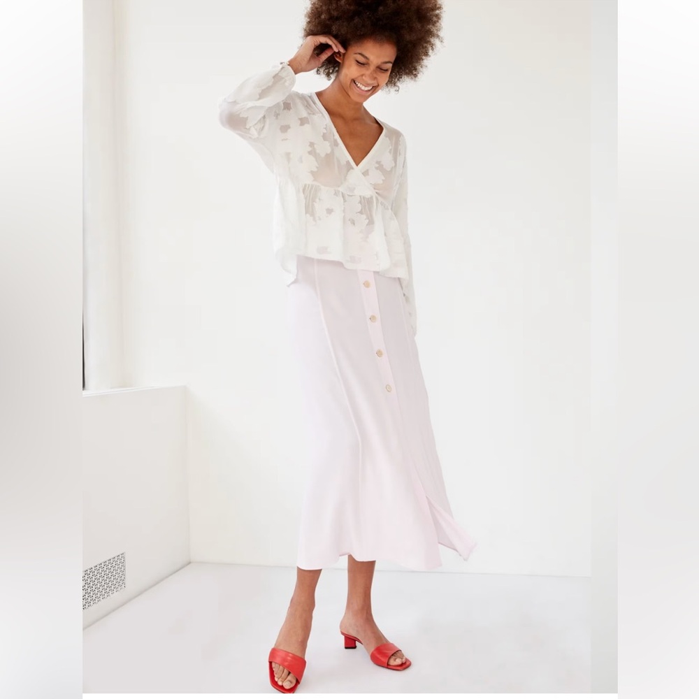 Aritzia Wilfred Amelie Light Pink A line Button Front Long Boho Summer Skirt 10